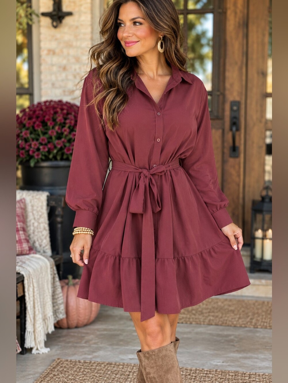 Nine West XXL Burgundy Belted Shirt Dress Tiered Ruffle Hem Long Sleeve